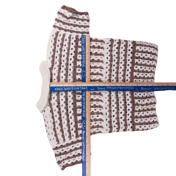 Proche Crochet Polo Top Small Brown Cream Striped Open Knit Short Sleeve Preppy - Picture 2 of 6